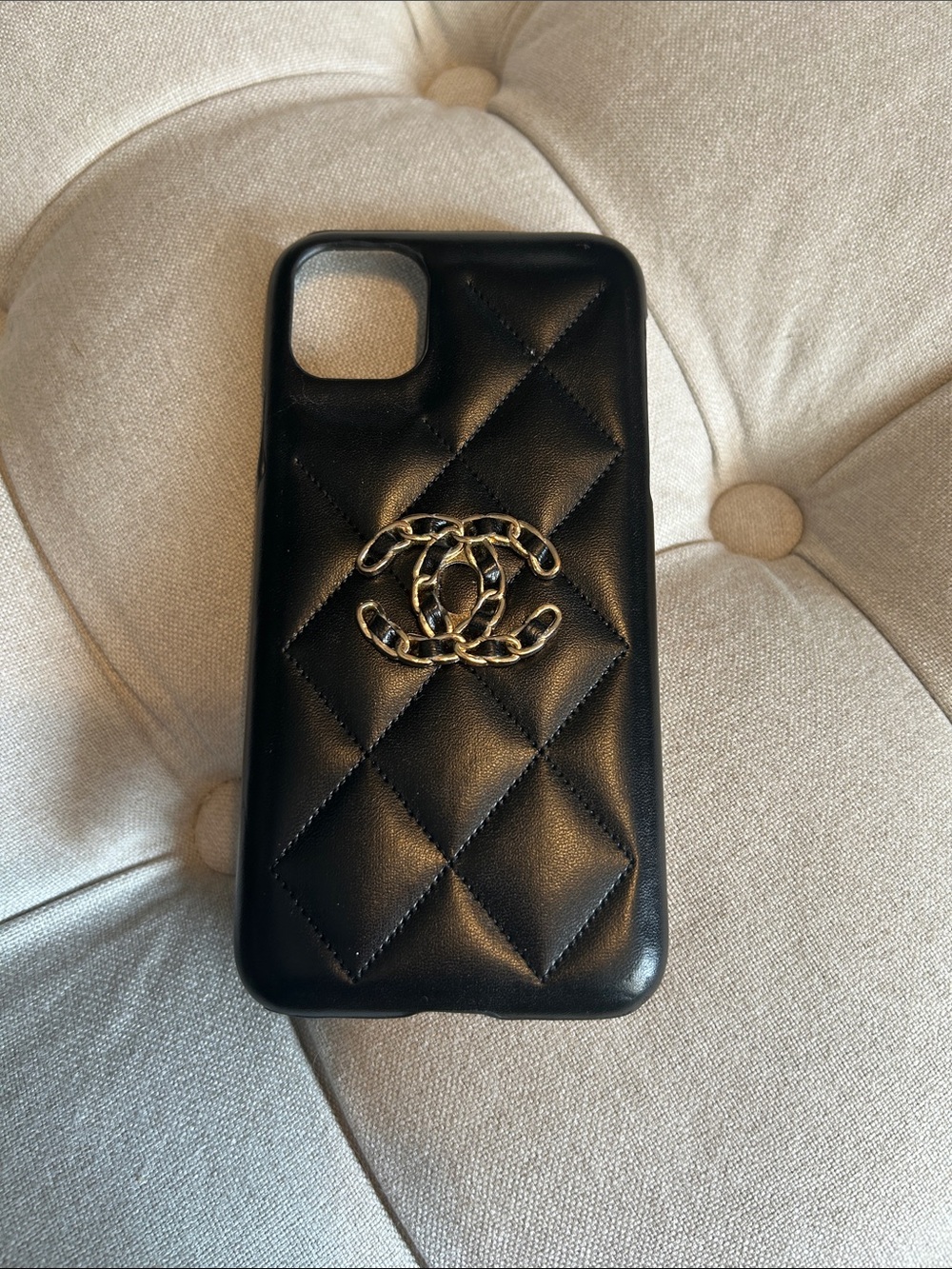 CHANEL Black Quilted Leather iPhone 11 Case with Gold CC Emblem